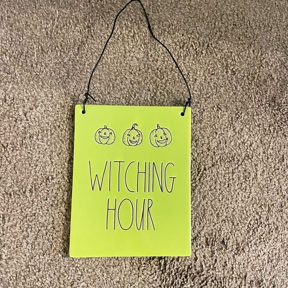 Rae Dunn Halloween Decor WITCHING HOUR Pumpkin Green ceramic tile sign NWT HTF - Picture 3 of 4